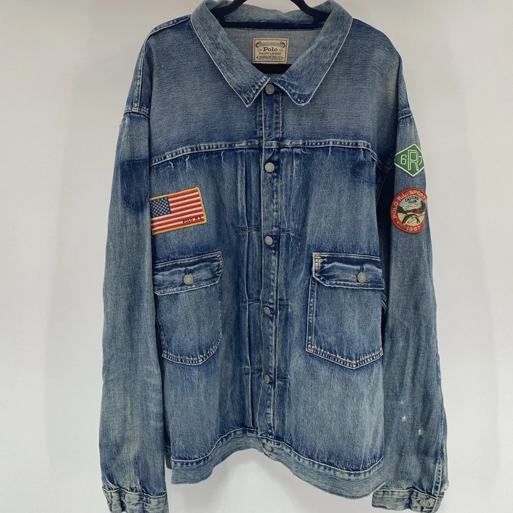 NEW Polo Ralph Lauren Denim Jacket Mens 4XLT Blue Sportsman Patchwork USA Flag